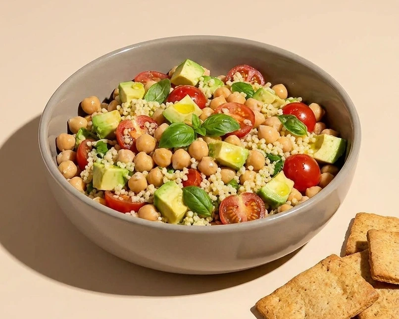 Menù veggy Salad e bibita  - Insalata mozzarella pomodorini mais olive nere e cetriolo cracker insolite essenze + biscotto omaggio - Chicchiamo Forlì